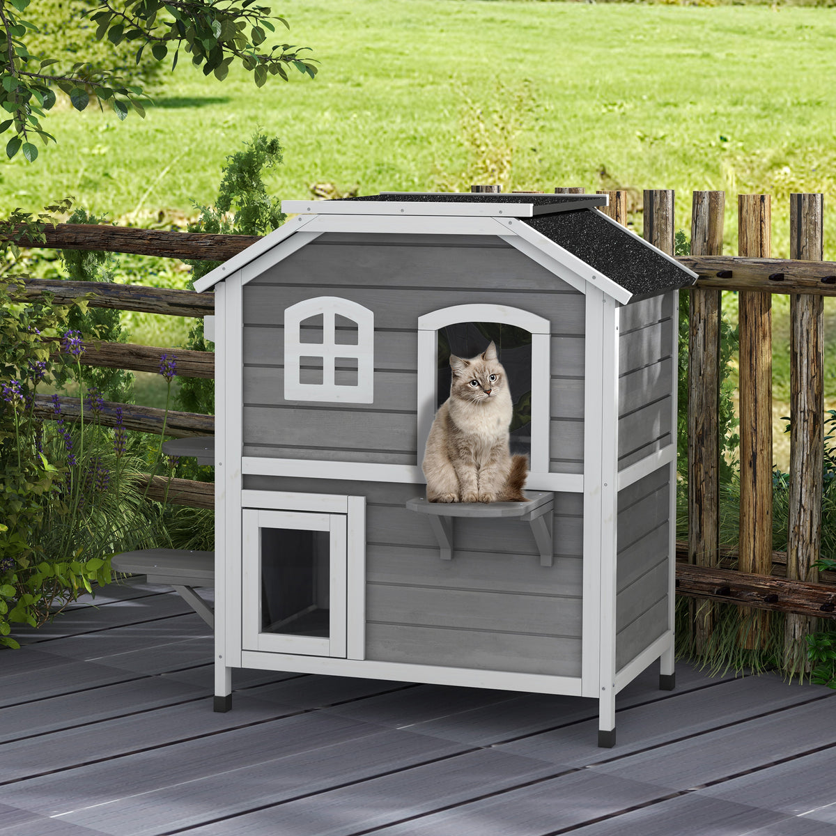 Maison Extérieur pour Chat Abri Extérieur en Bois pour Chats Errants 2 Étages Toit Ouvrant Bitumé 99,5x76x91cm Gris