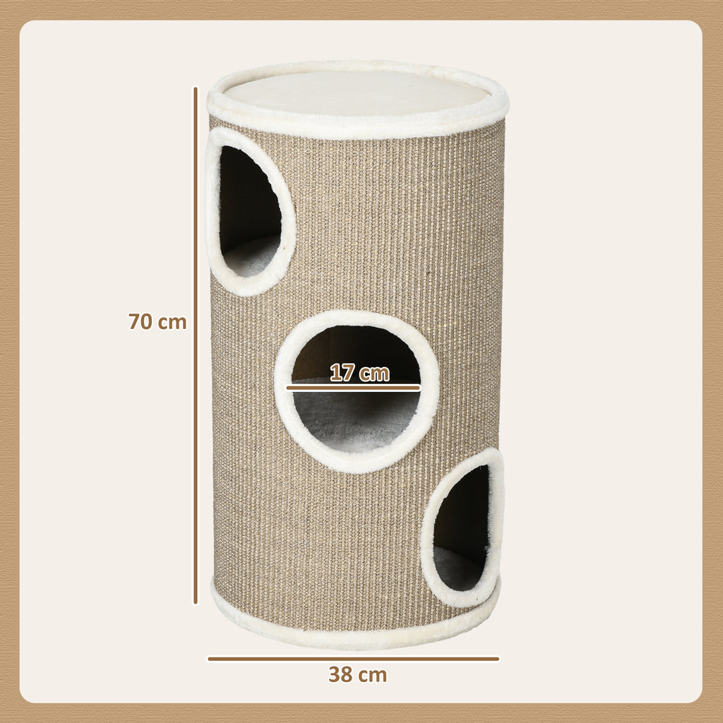 Tonneau à Gratter pour Chat, Tour à Griffer en Sisal à 3 Niveaux Recouvert de Peluche, Ø 38 x 70 cm, Marron