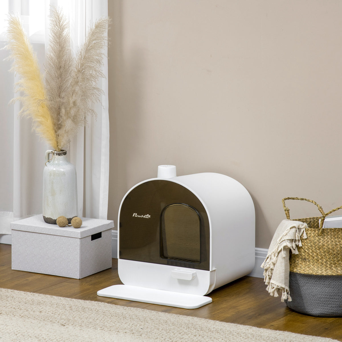 Maison de toilette pour chat avec tiroir amovible, bac à litière fermé avec tapis anti-trace, pelle, filtre anti-odeur et porte battante, nettoyage facile, 43 x 44 x 47 cm, blanc