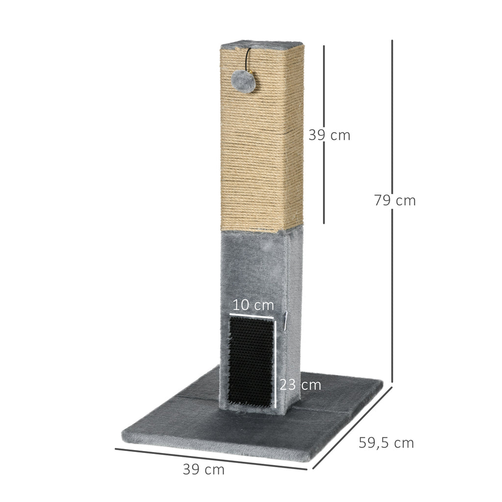 Poteau à gratter pour chat griffoir pour chat balle avec clochette 2 brosses de toilettage 59,5 x 39 x 79 cm beige gris
