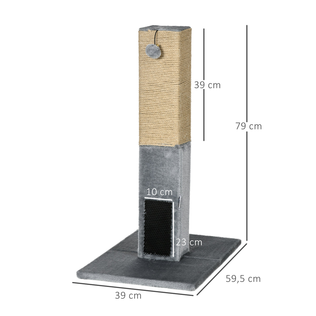 Poteau à gratter pour chat griffoir pour chat balle avec clochette 2 brosses de toilettage 59,5 x 39 x 79 cm beige gris