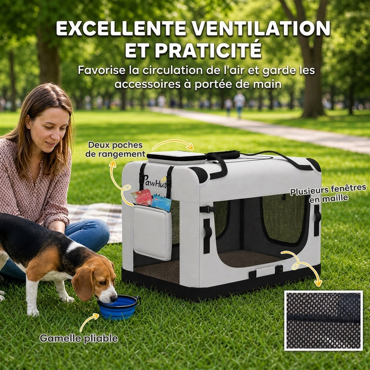 Grand Sac Transport Chat Chien Plaible Respirant Sangle Sécurité Coussin Lavable Gamelle Pliable 81x56x58cm Gris Clair