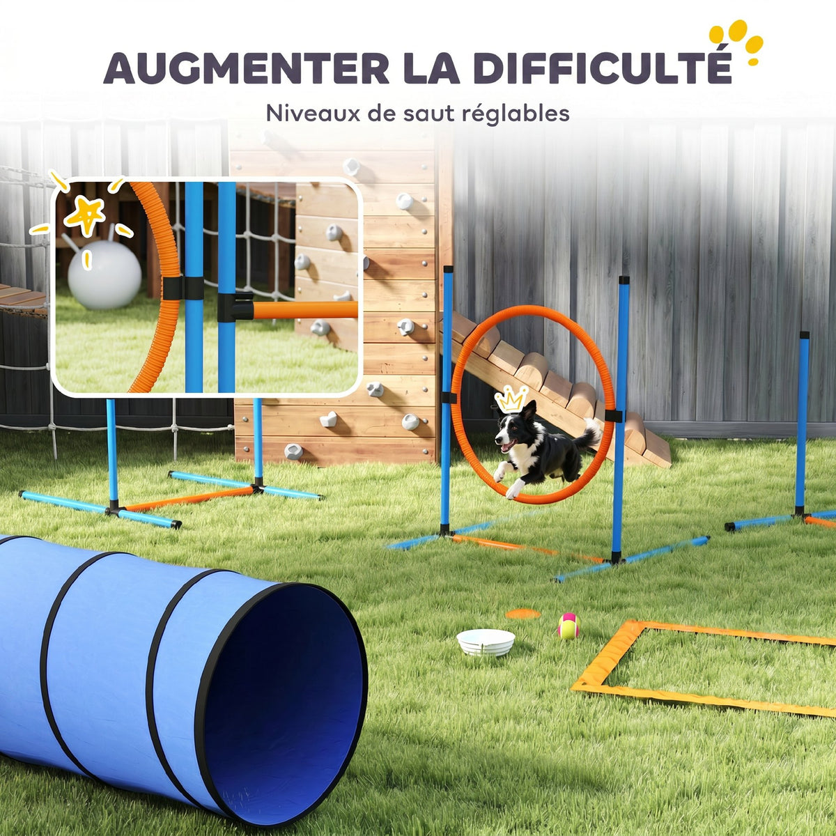 Ensemble d'Agilité pour Chien 8 Pièces avec Tunnel, Slaloms, Sauts Ajustables, Sac de Transport, 350x68x70cm, Orange