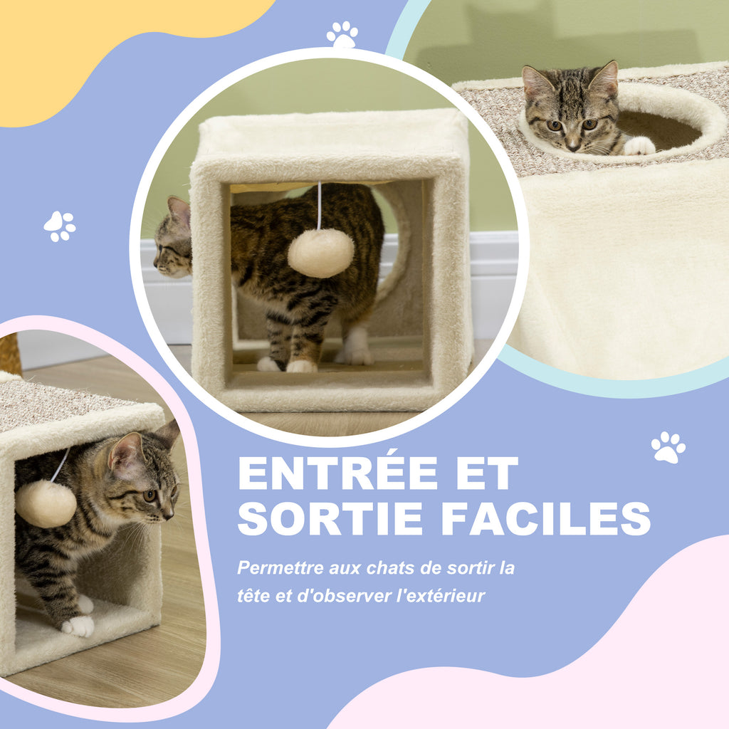 Tunnel pour chat intérieur jouets pour chats avec balle suspendue entrées multiples en sisal 98 x 30 x 30 cm crème