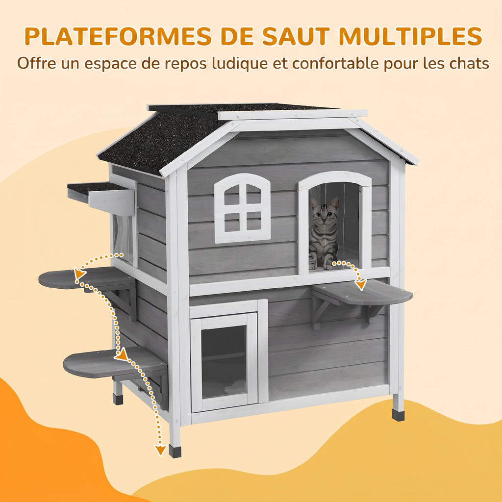 Maison Extérieur pour Chat Abri Extérieur en Bois pour Chats Errants 2 Étages Toit Ouvrant Bitumé 99,5x76x91cm Gris