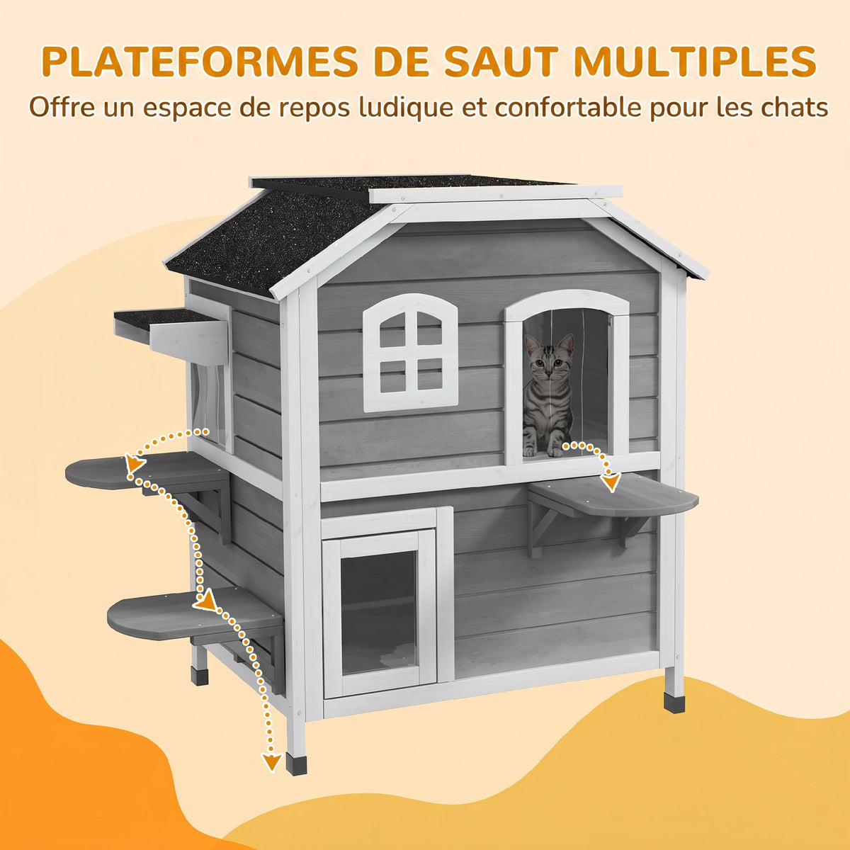 Maison Extérieur pour Chat Abri Extérieur en Bois pour Chats Errants 2 Étages Toit Ouvrant Bitumé 99,5x76x91cm Gris
