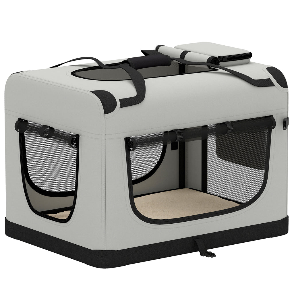 Grand Sac Transport Chat Chien Plaible Respirant Sangle Sécurité Coussin Lavable Gamelle Pliable 81x56x58cm Gris Clair