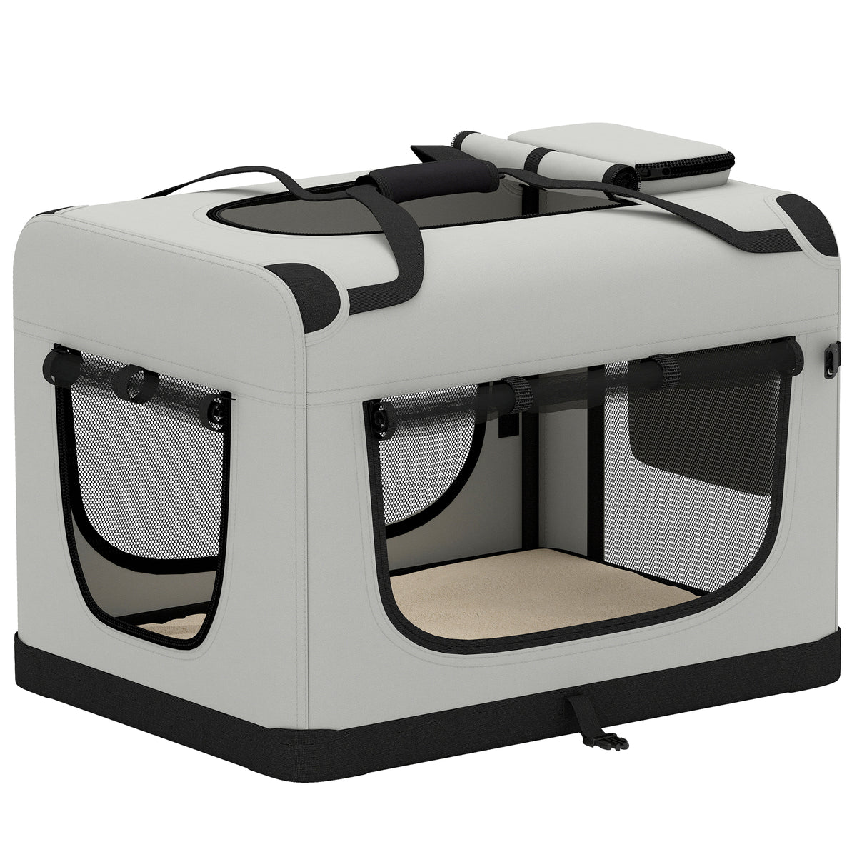 Grand Sac Transport Chat Chien Plaible Respirant Sangle Sécurité Coussin Lavable Gamelle Pliable 81x56x58cm Gris Clair