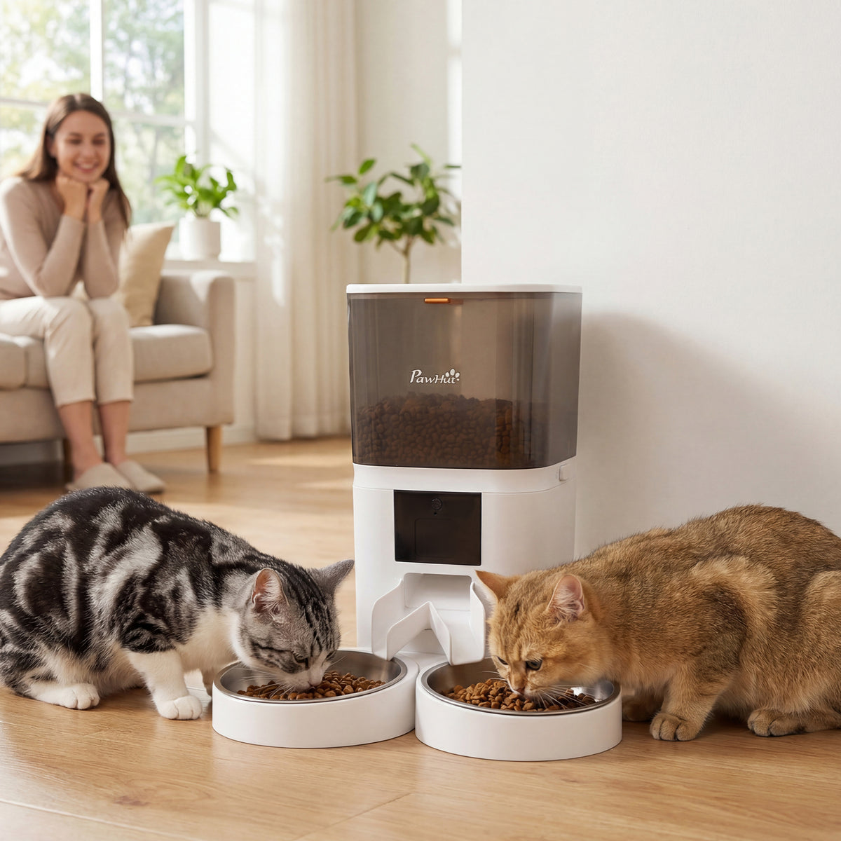 Distributeur Croquettes Chat Automatique 2 Animaux 6L Double Bol Inox WiFi Tuya App ABS 37x36x35cm Blanc