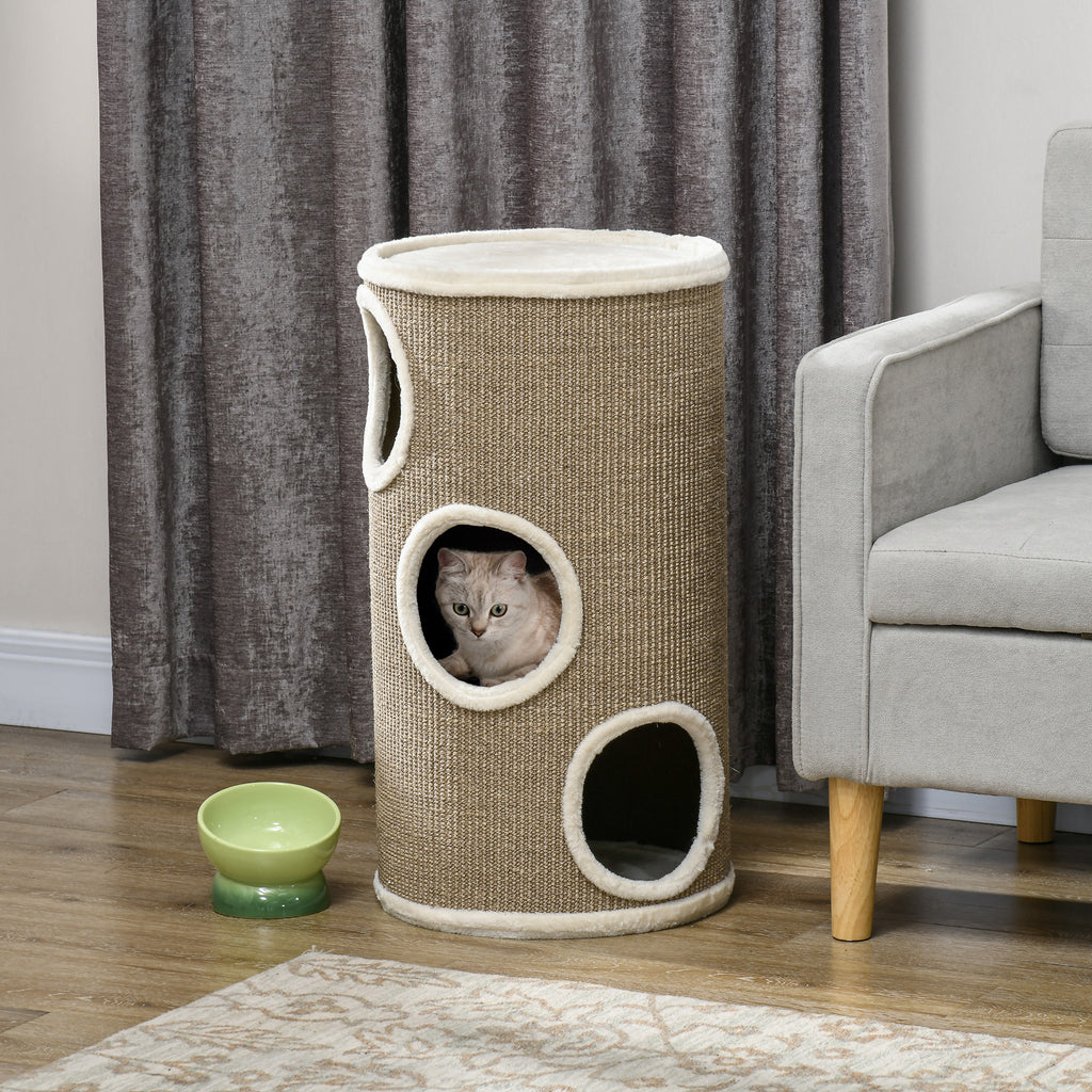 Tonneau à Gratter pour Chat, Tour à Griffer en Sisal à 3 Niveaux Recouvert de Peluche, Ø 38 x 70 cm, Marron