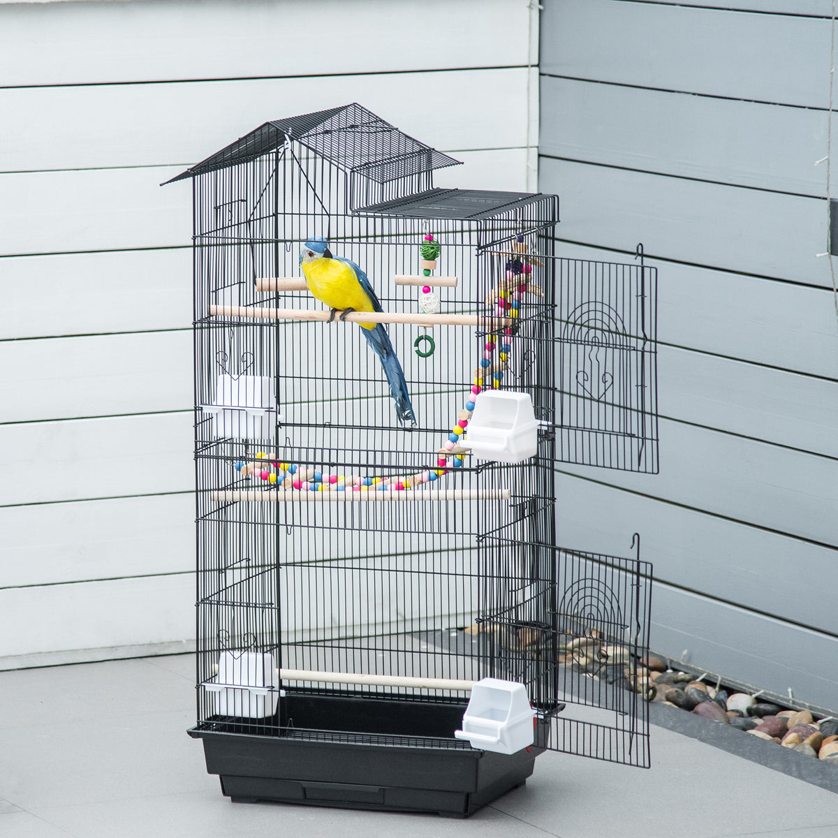 Cage à oiseaux 46 x 36 x 100 cm 4 mangeoires 3 perchoirs cage pour perruche calopsitte conure pinson canaris
