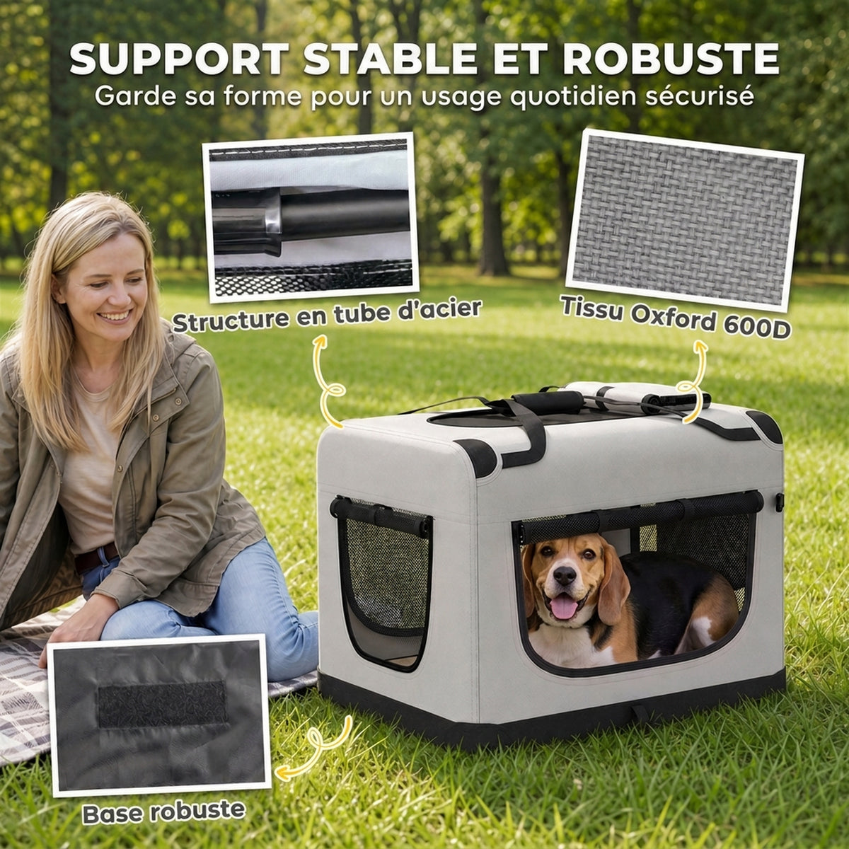 Grand Sac Transport Chat Chien Plaible Respirant Sangle Sécurité Coussin Lavable Gamelle Pliable 81x56x58cm Gris Clair
