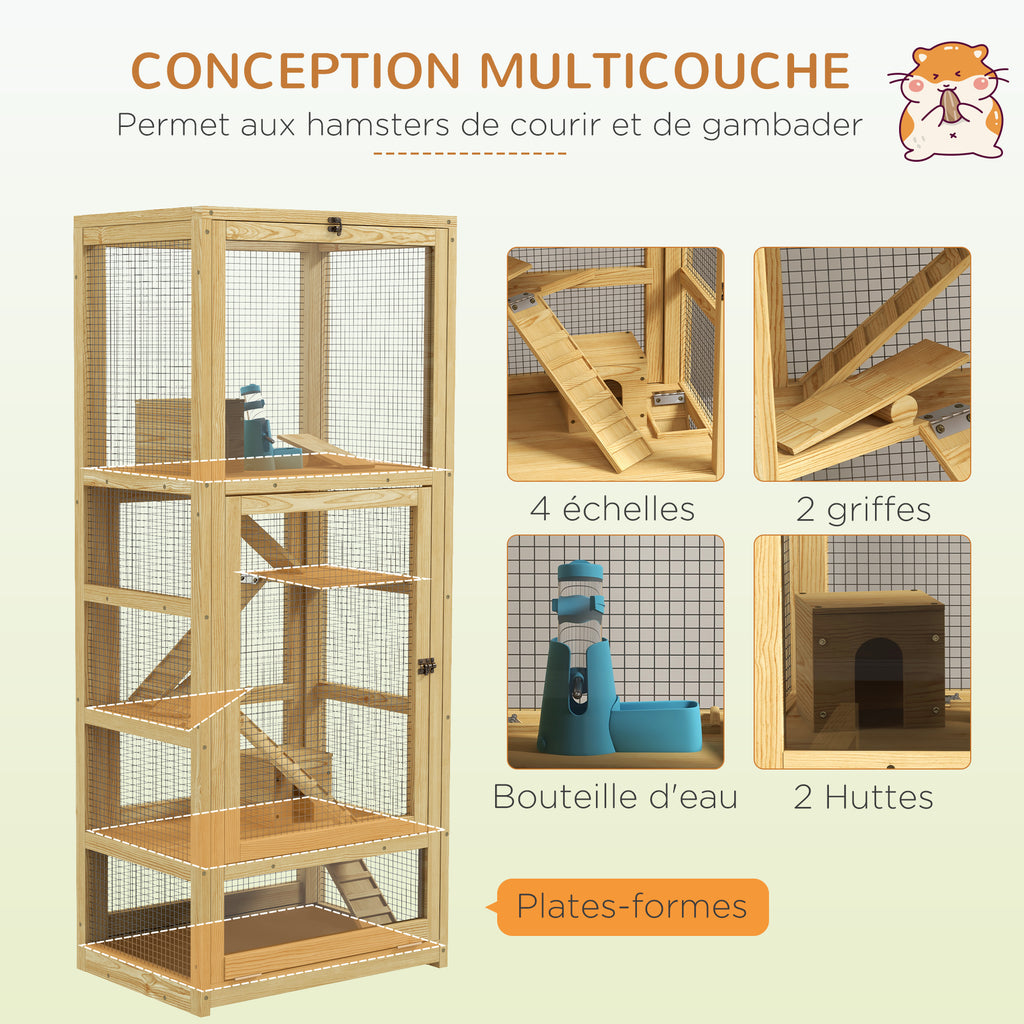 Cage pour hamsters ou petits animaux en bois 5 niveaux avec échelle niche balançoire 54 x 38 x 131 cm naturel