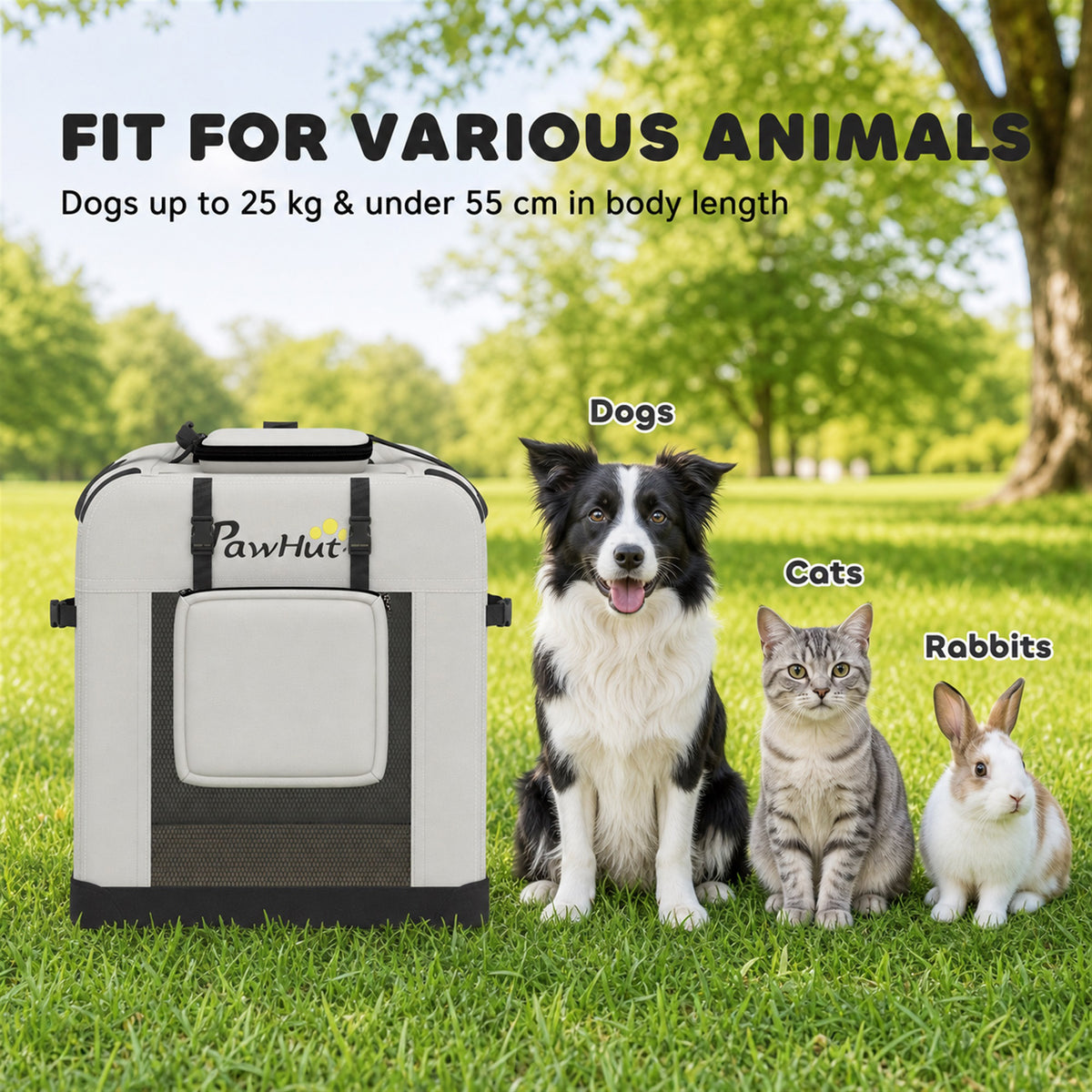 Grand Sac Transport Chat Chien Plaible Respirant Sangle Sécurité Coussin Lavable Gamelle Pliable 81x56x58cm Gris Clair