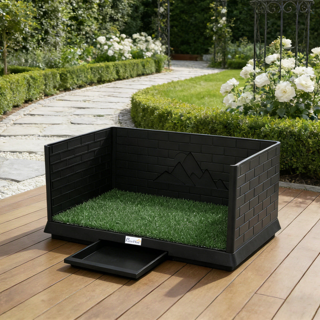Toilette pour Chien avec Gazon Artificiel, Parois Hautes et Plateau Coulissant, Système de Drainage, 75x51x36,5cm, Noir