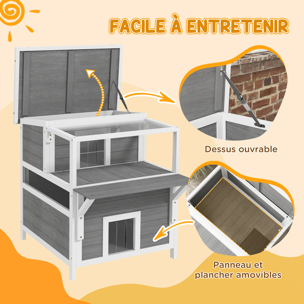 Maison pour chats 2 niveaux avec balcon abrité, toit ouvrable, extérieur, intérieur, gris clair